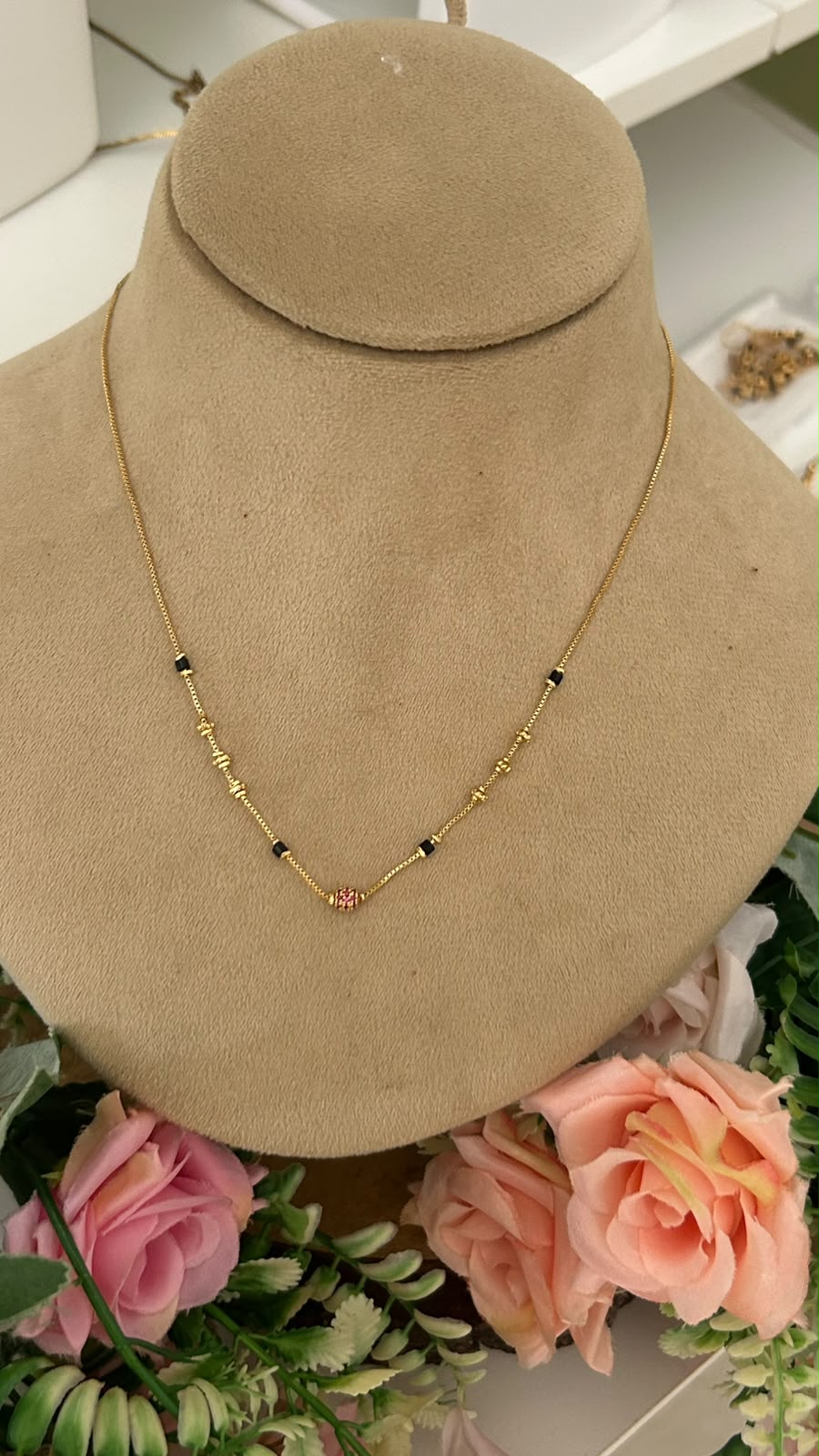 Modern Minimalist Black Beads Short Mangalsutra with Ruby Spacer