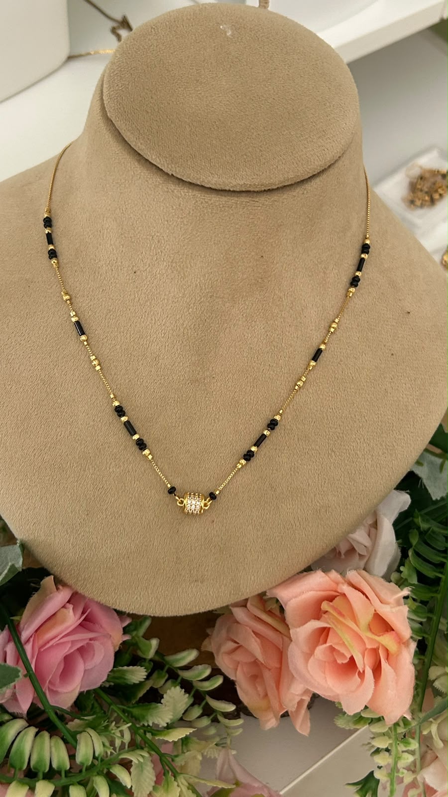 Gold Plated Minimalist Mangalsutra Chain with CZ Studded Barrel Bead