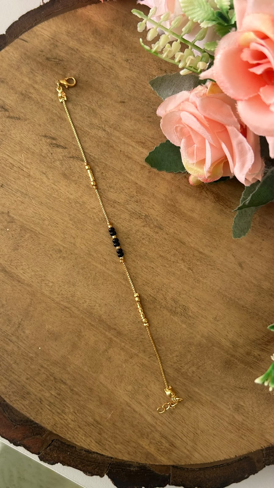 Minimalist Black Beads Nazariya Bracelet with Grooved Metallic Accents