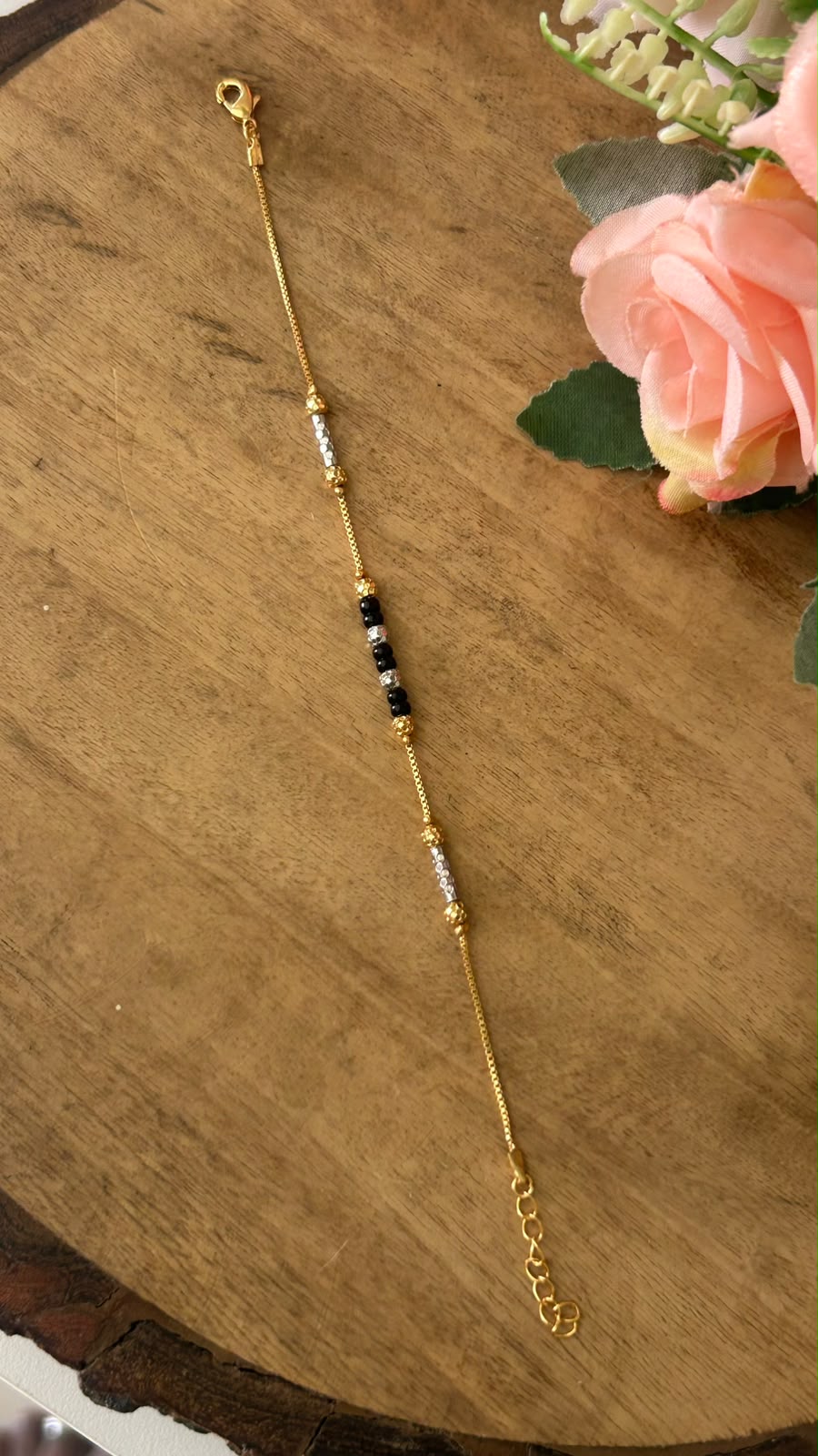 Minimalist Dual Tone Black Beads Hand Mangalsutra Bracelet