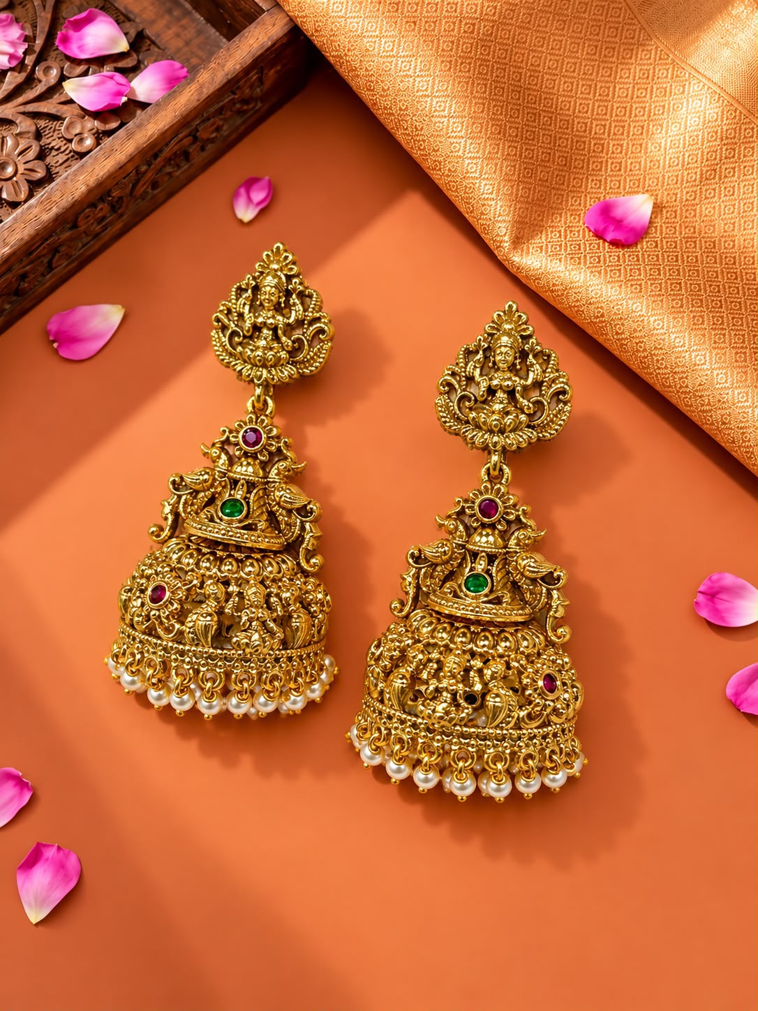 Traditional Antique Gold Plated Goddess Lakshmi Temple Jhumka Earrings with Ruby Emerald Stones and Pearl Clusters