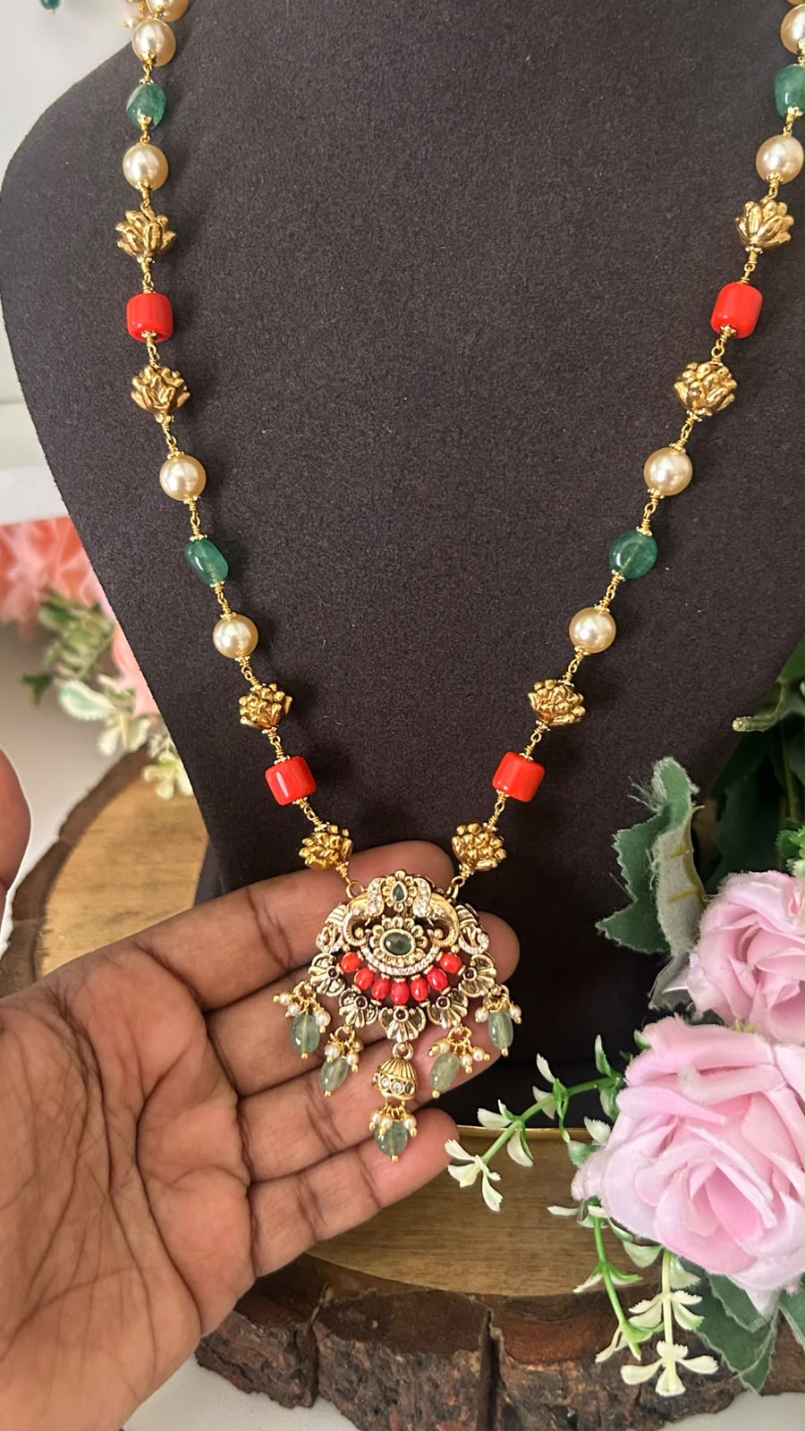 Premium Red Coral, Nakshi Balls & Swarovski Pearl Kattuteega Chain Necklace with Designer Temple Pendant – Gold-Plated Traditional Jewellery – 18–20 Inches ✨