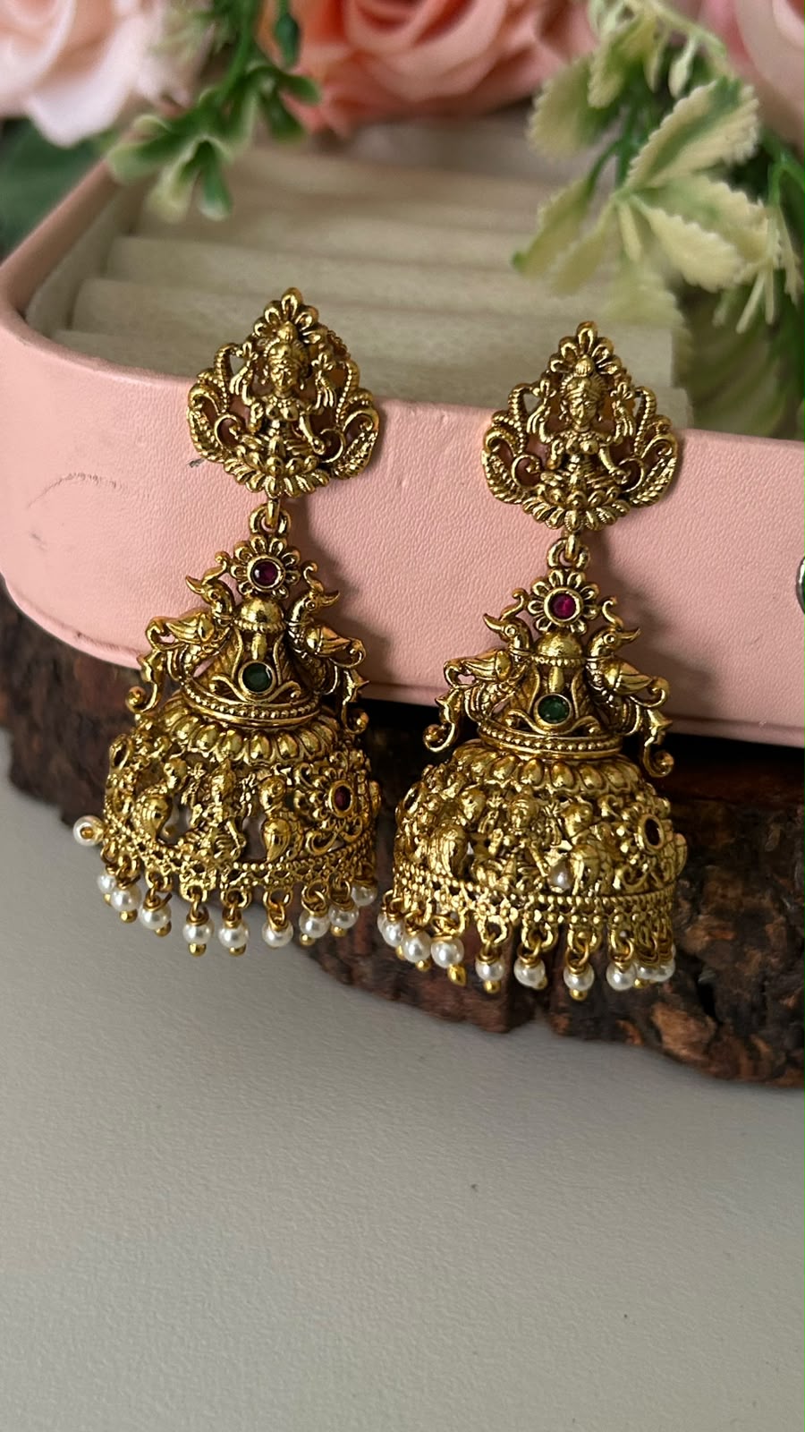 Traditional Antique Gold Plated Goddess Lakshmi Temple Jhumka Earrings with Ruby Emerald Stones and Pearl Clusters