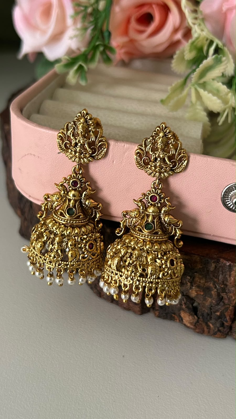 Traditional Antique Gold Plated Goddess Lakshmi Temple Jhumka Earrings with Ruby Emerald Stones and Pearl Clusters