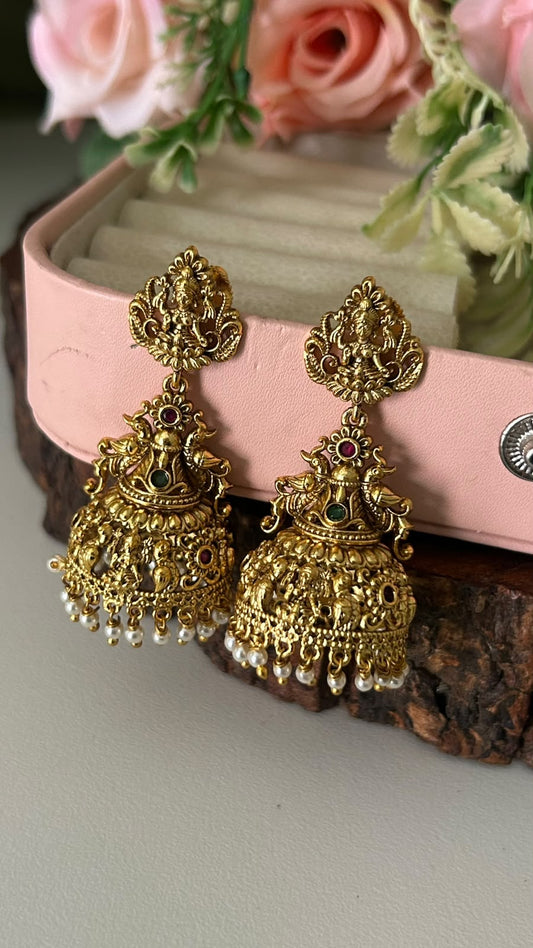 Traditional Antique Gold Plated Goddess Lakshmi Temple Jhumka Earrings with Ruby Emerald Stones and Pearl Clusters