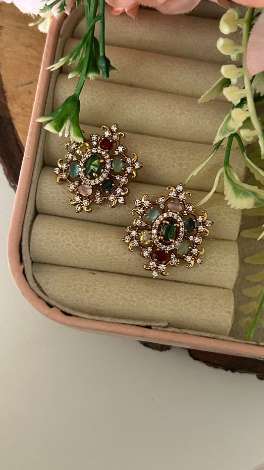 Traditional Floral Navratna Stone Gold Plated Big Stud Earrings