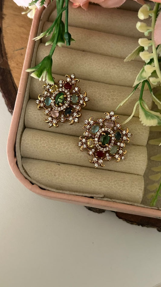Traditional Floral Navratna Stone Gold Plated Big Stud Earrings
