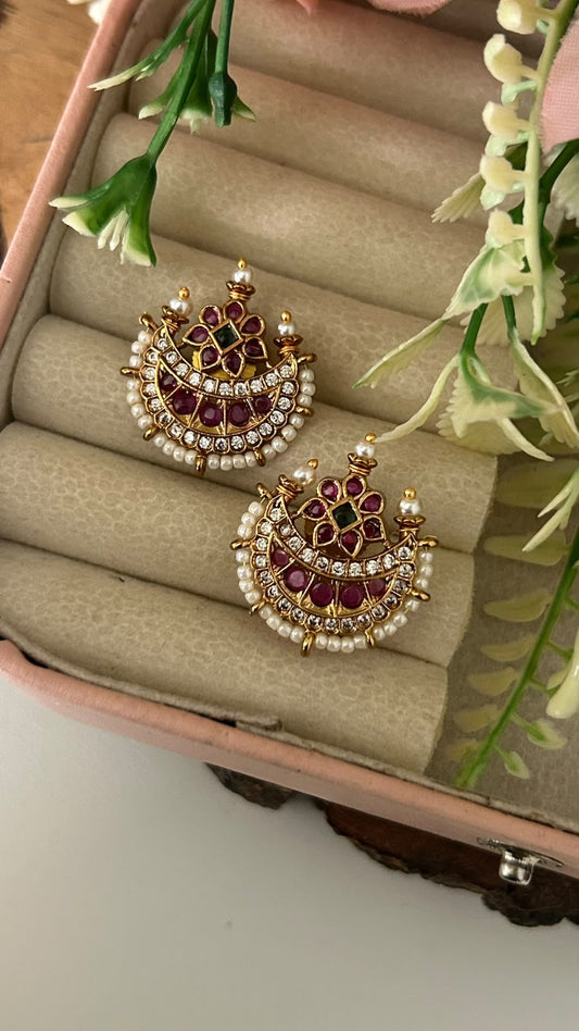 Traditional Half Moon Stud Earrings with Ruby Kemp Stones and Pearl Lining