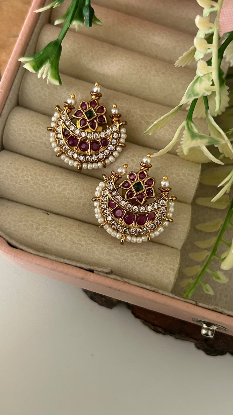 Traditional Half Moon Stud Earrings with Ruby Kemp Stones and Pearl Lining