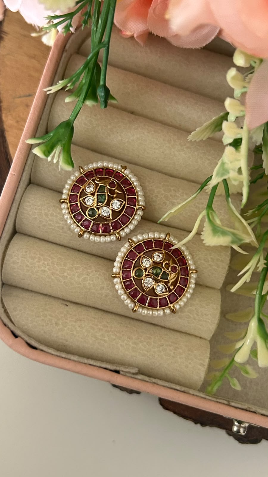 Traditional Round Peacock Kemp Stone Gold Plated Big Stud Earrings