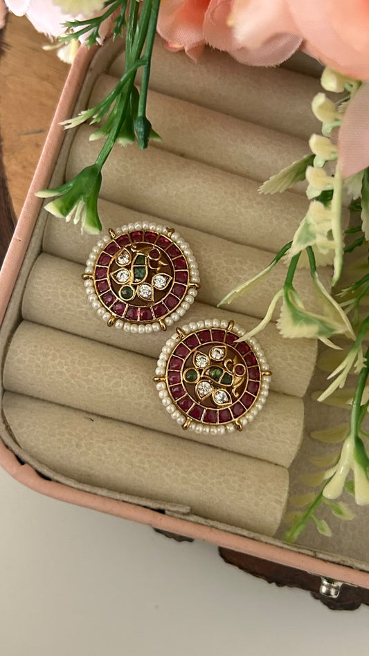 Traditional Round Peacock Kemp Stone Gold Plated Big Stud Earrings