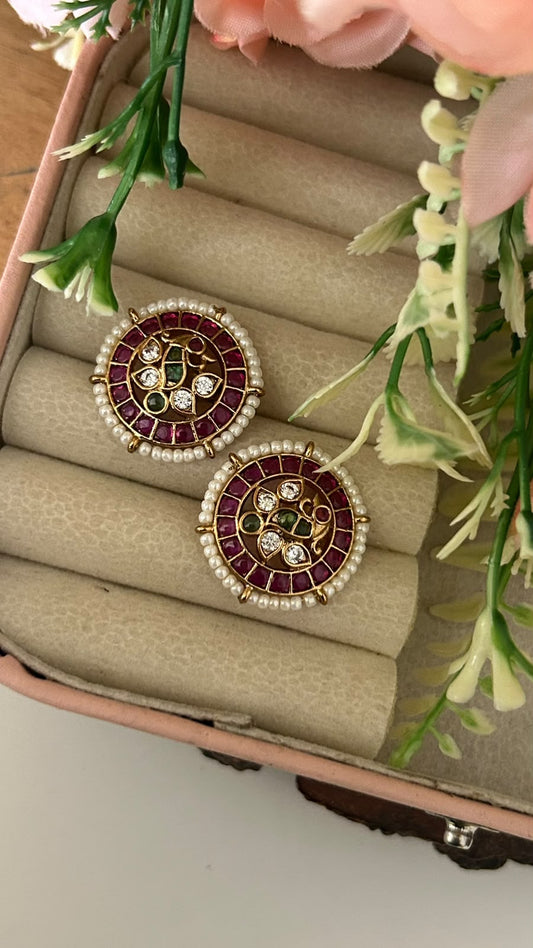 Traditional Round Peacock Kemp Stone Gold Plated Big Stud Earrings