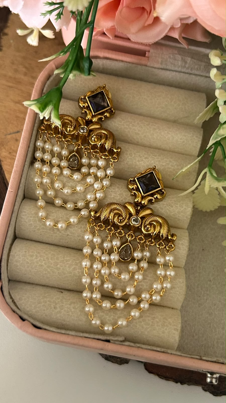 Ethnic South Indian Style Square Tops with Five-Layered Pearl String Drops and Cz Stone Accents with purple and white drop