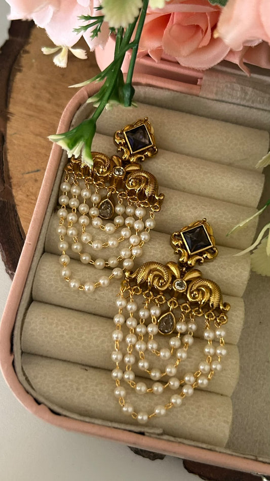 Ethnic South Indian Style Square Tops with Five-Layered Pearl String Drops and Cz Stone Accents with purple and white drop
