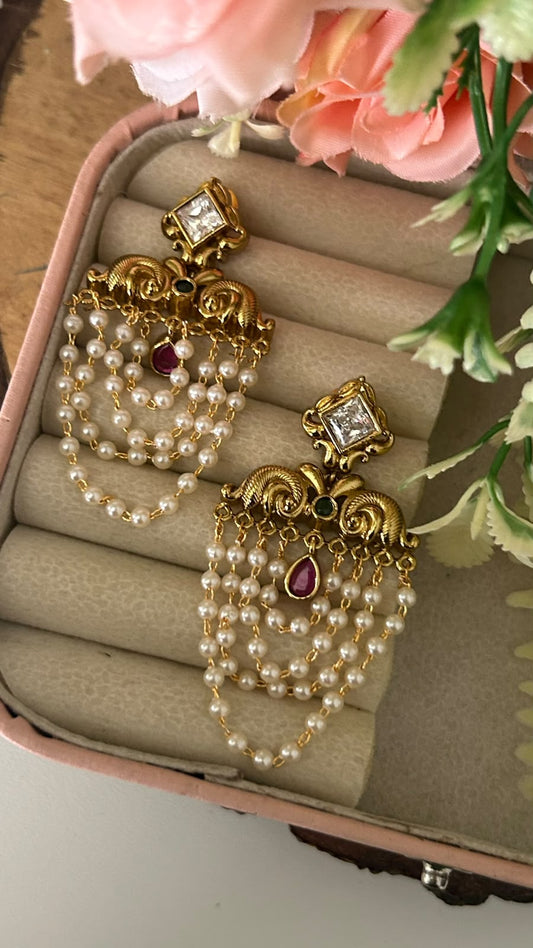 Ethnic South Indian Style Square Tops with Five-Layered Pearl String Drops and Cz Stone Accents with white and reddrop