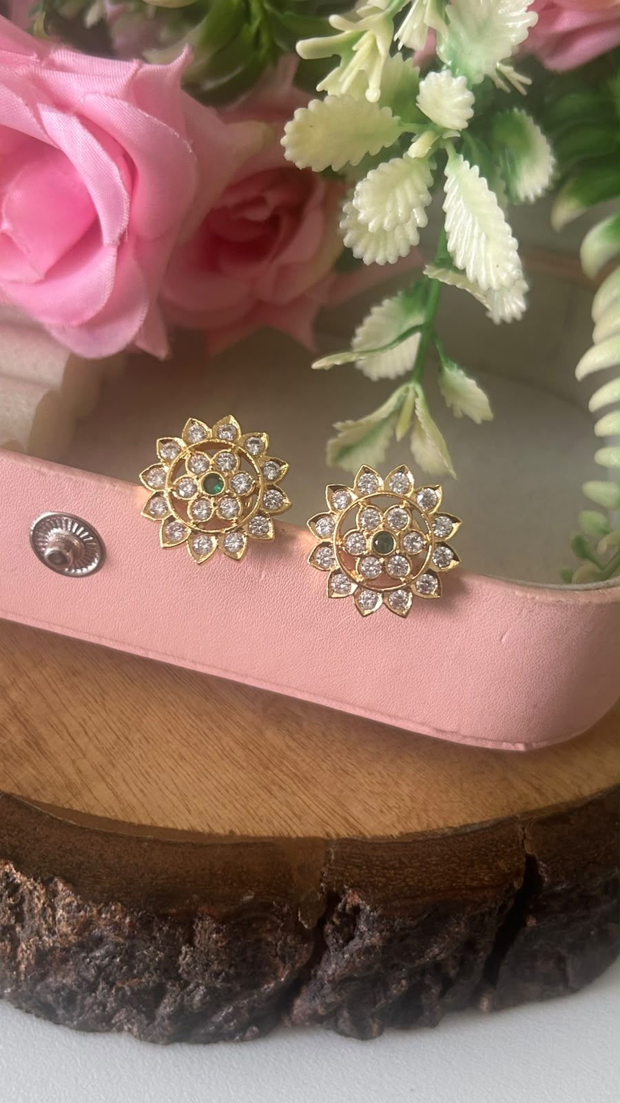 Elegant Floral Panchaloham Gold Polish Earrings for Women in full white  with middle green ( big size)