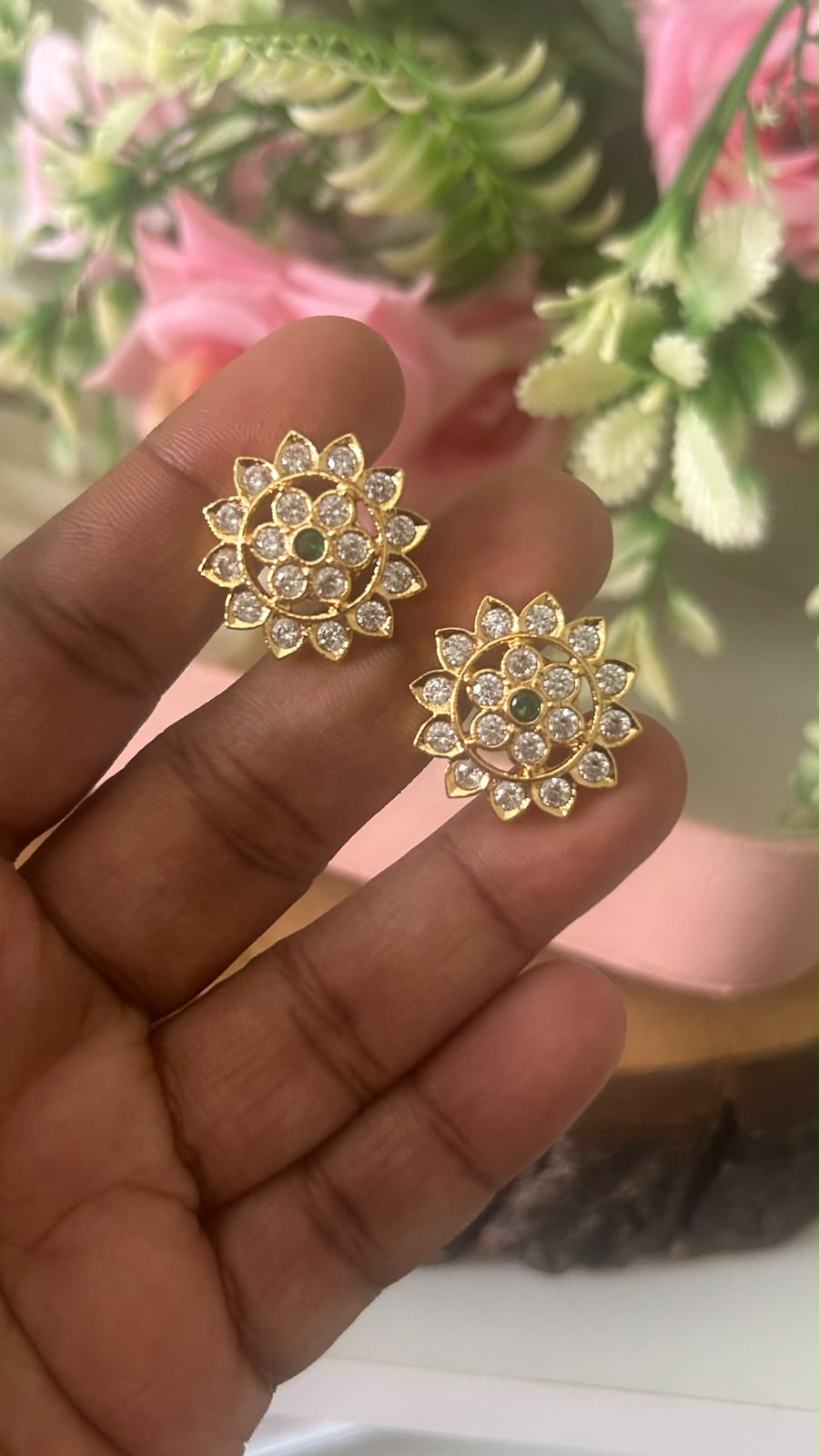 Elegant Floral Panchaloham Gold Polish Earrings for Women in full white  with middle green ( big size)