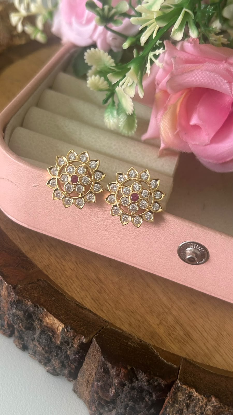 Elegant Floral Panchaloham Gold Polish Earrings for Women in full white  with middle red( big size)