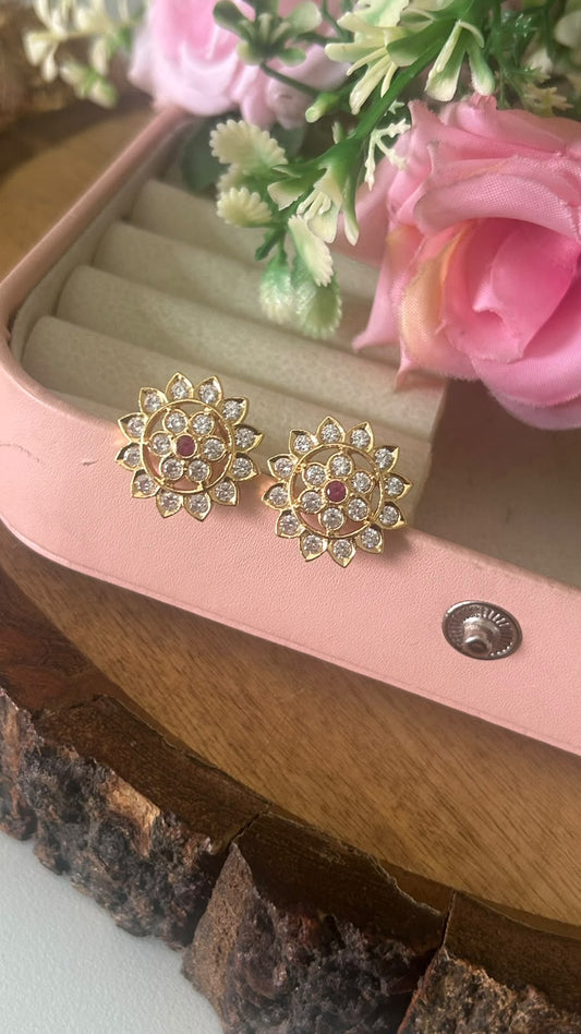 Elegant Floral Panchaloham Gold Polish Earrings for Women in full white  with middle red( big size)