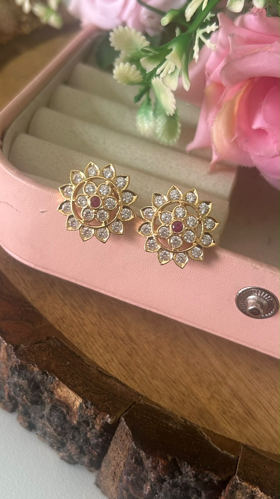 Elegant Floral Panchaloham Gold Polish Earrings for Women in full white  with middle red( big size)