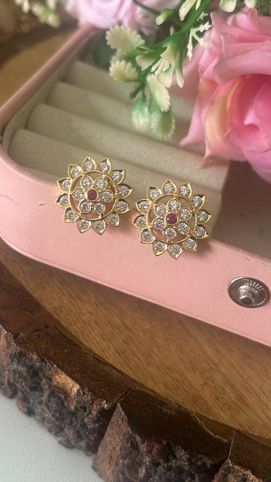 Elegant Floral Panchaloham Gold Polish Earrings for Women in full white  with middle red( big size)