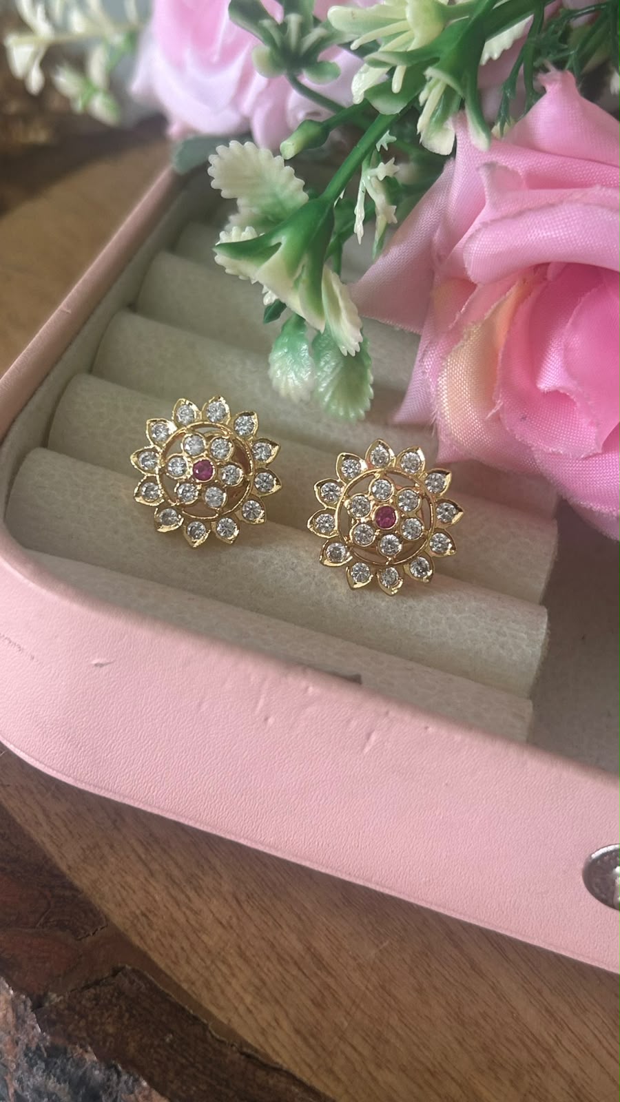 Elegant Floral Panchaloham Gold Polish Earrings for Women in full white  with middle red( small size)