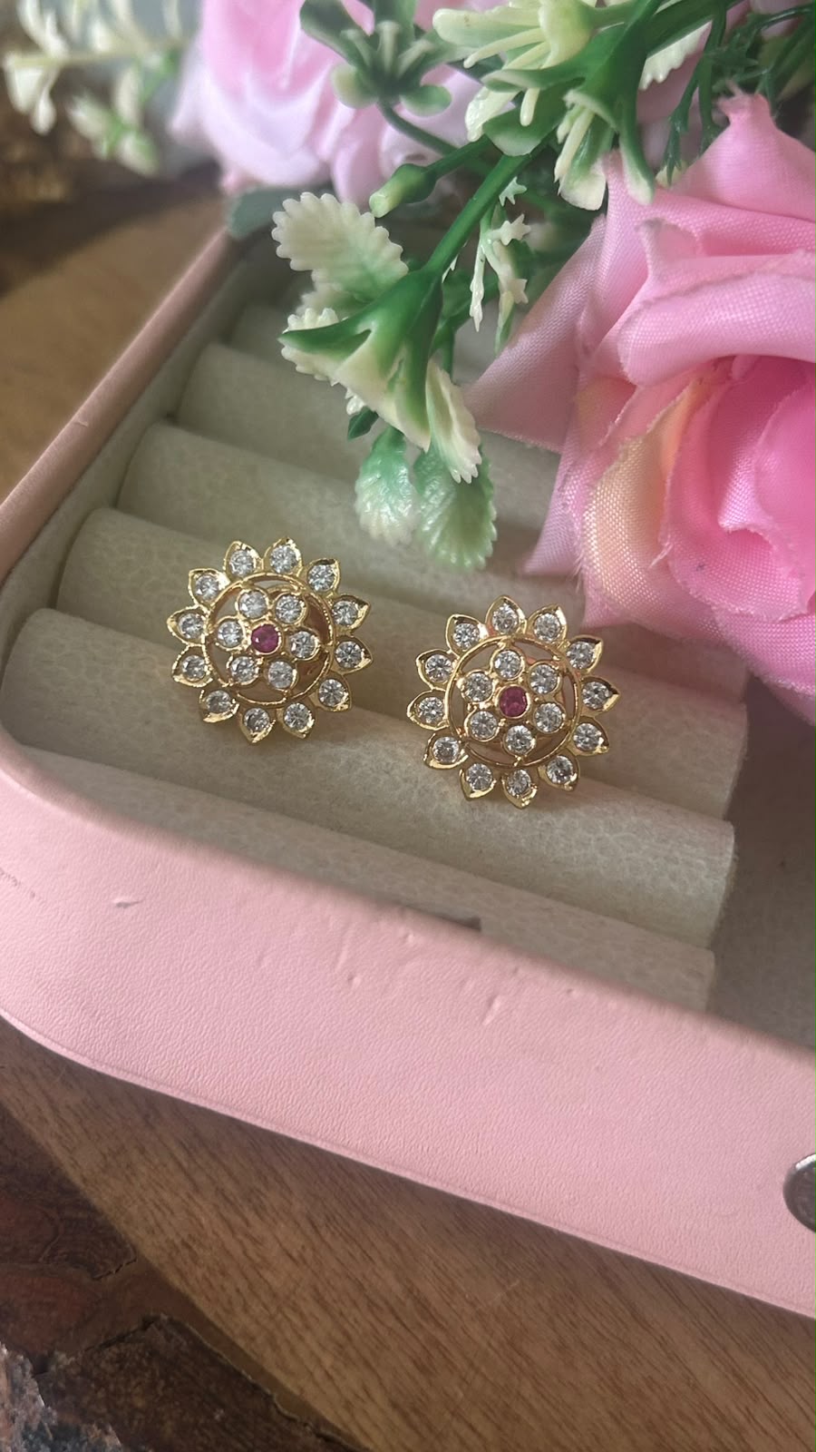 Elegant Floral Panchaloham Gold Polish Earrings for Women in full white  with middle red( small size)