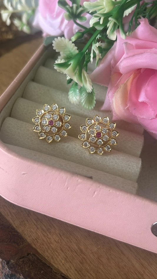 Elegant Floral Panchaloham Gold Polish Earrings for Women in full white  with middle red( small size)