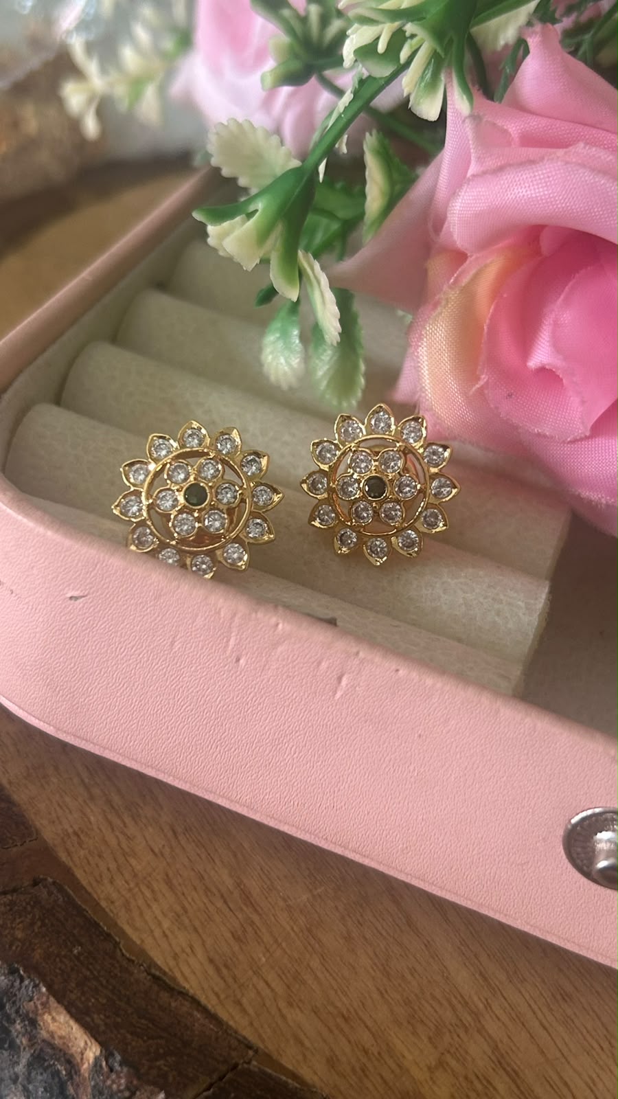 Elegant Floral Panchaloham Gold Polish Earrings for Women in full white  with middle green ( smallsize)