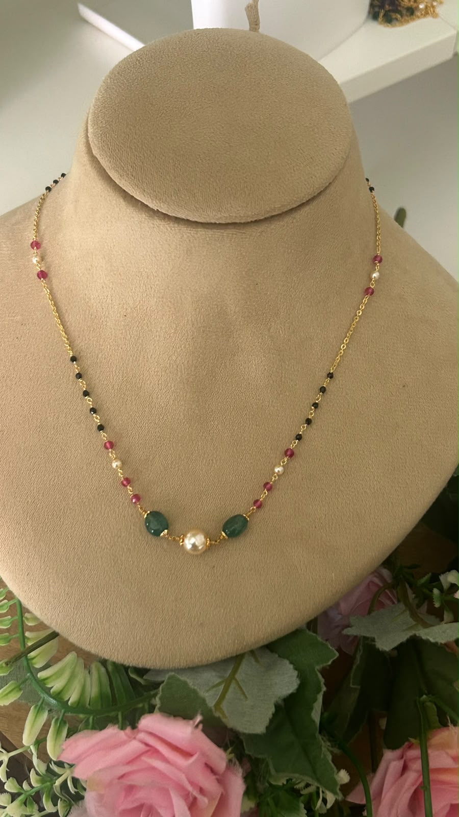 • Lightweight Gold Plated Black Beads Necklace with Pearl and Ruby Accents