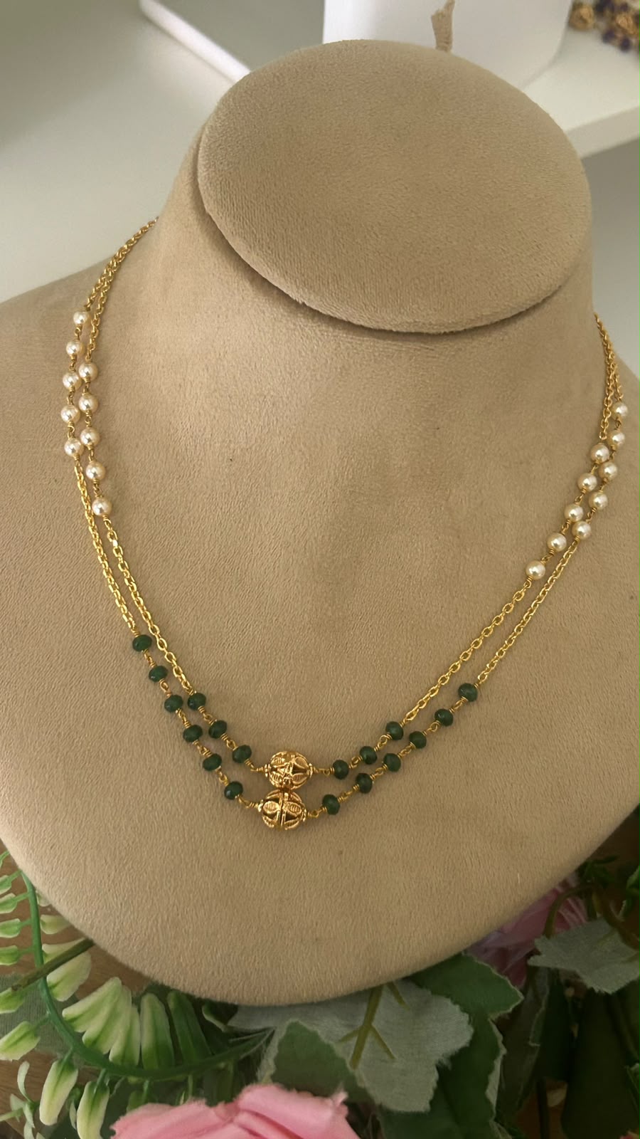 Lightweight Multi Layer Festive Wear Pearl and Green beads Mala
