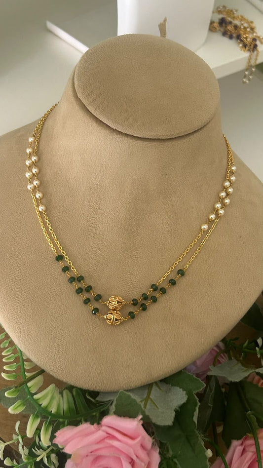 Lightweight Multi Layer Festive Wear Pearl and Green beads Mala