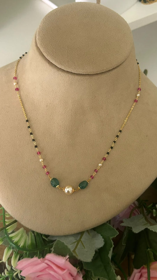 • Lightweight Gold Plated Black Beads Necklace with Pearl and Ruby Accents