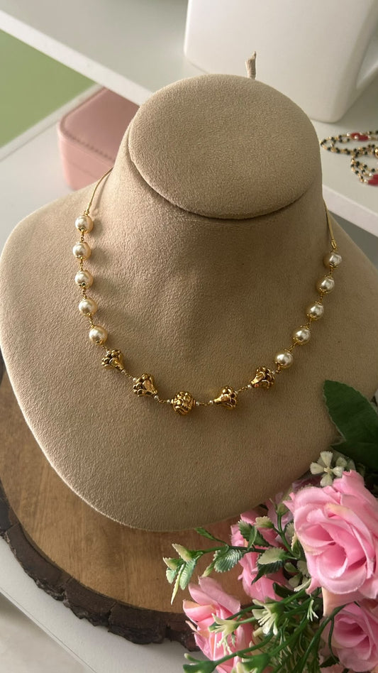 Modern Minimalist Pearl Mala Chain with Intricate Gold Accents in 16 inches to 17 inched
