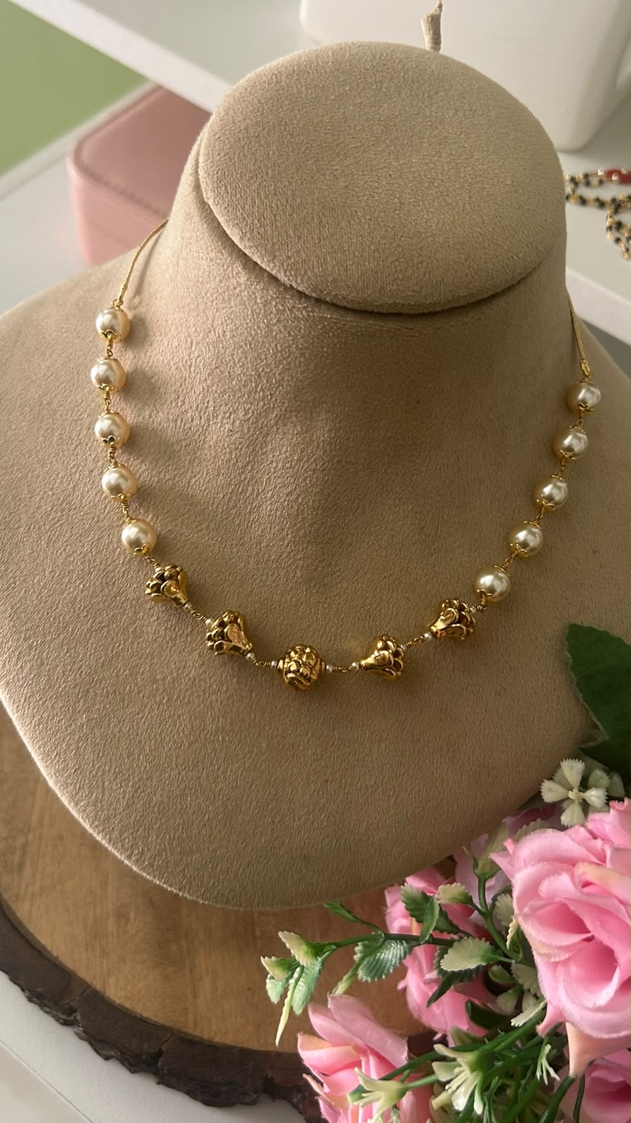 Modern Minimalist Pearl Mala Chain with Intricate Gold Accents in 16 inches to 17 inched