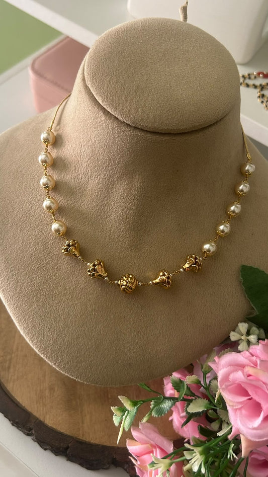 Modern Minimalist Pearl Mala Chain with Intricate Gold Accents in 16 inches to 17 inched