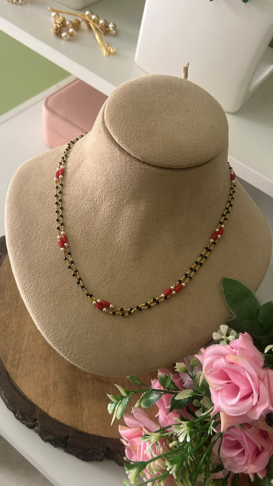 Lightweight Two Line Black Beads Chain with Coral Accents