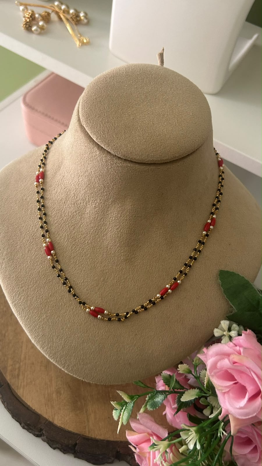 Lightweight Two Line Black Beads Chain with Coral Accents