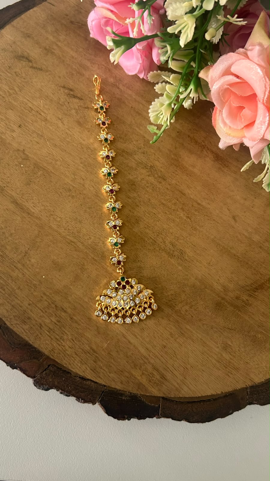 Panchaloham Polished Floral Tikka Papidi Billa with Ruby & Emerald Stones | Traditional South Indian Hair Jewellery