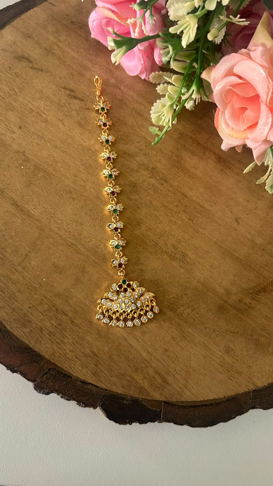 Panchaloham Polished Floral Tikka Papidi Billa with Ruby & Emerald Stones | Traditional South Indian Hair Jewellery