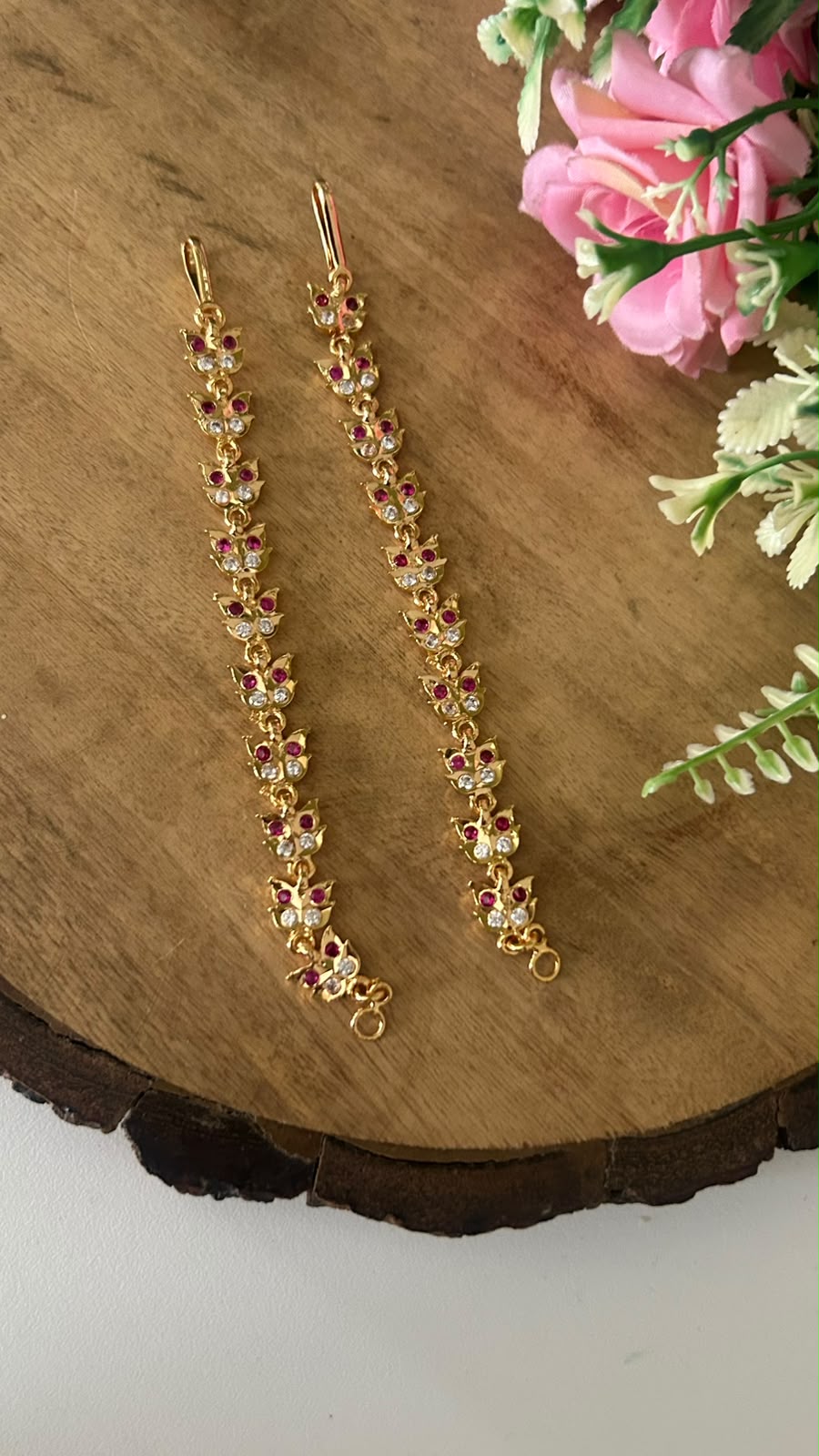 Panchaloham Polished Floral Ear Chains with Ruby & CZ Stones