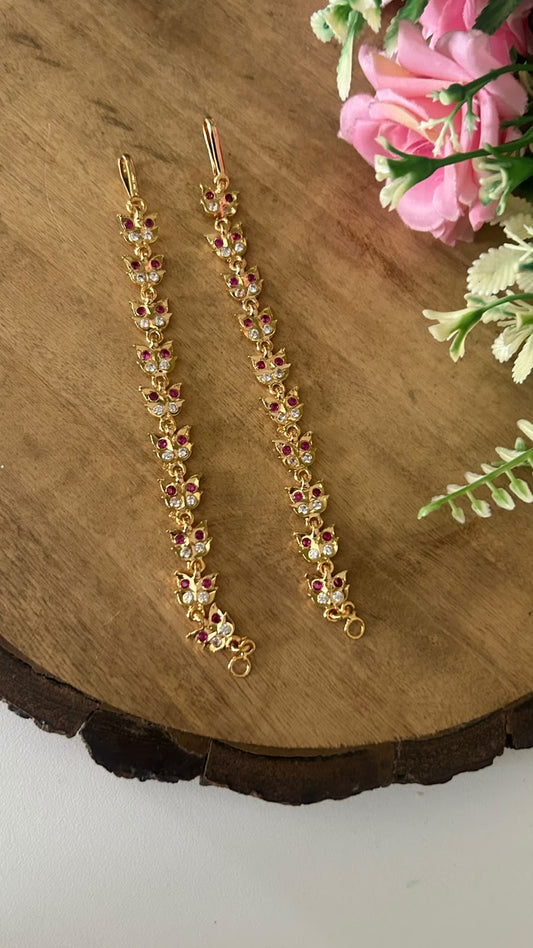 Panchaloham Polished Floral Ear Chains with Ruby & CZ Stones