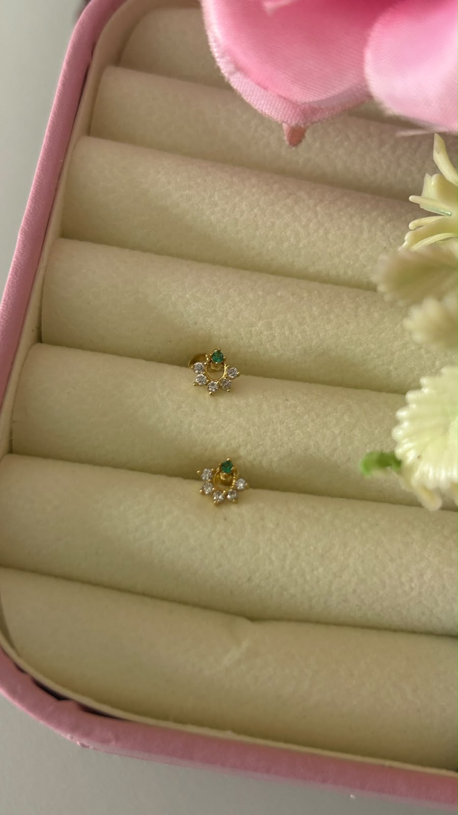 Tiny Green Stone Arc Stud Earrings with Secure Screw Back