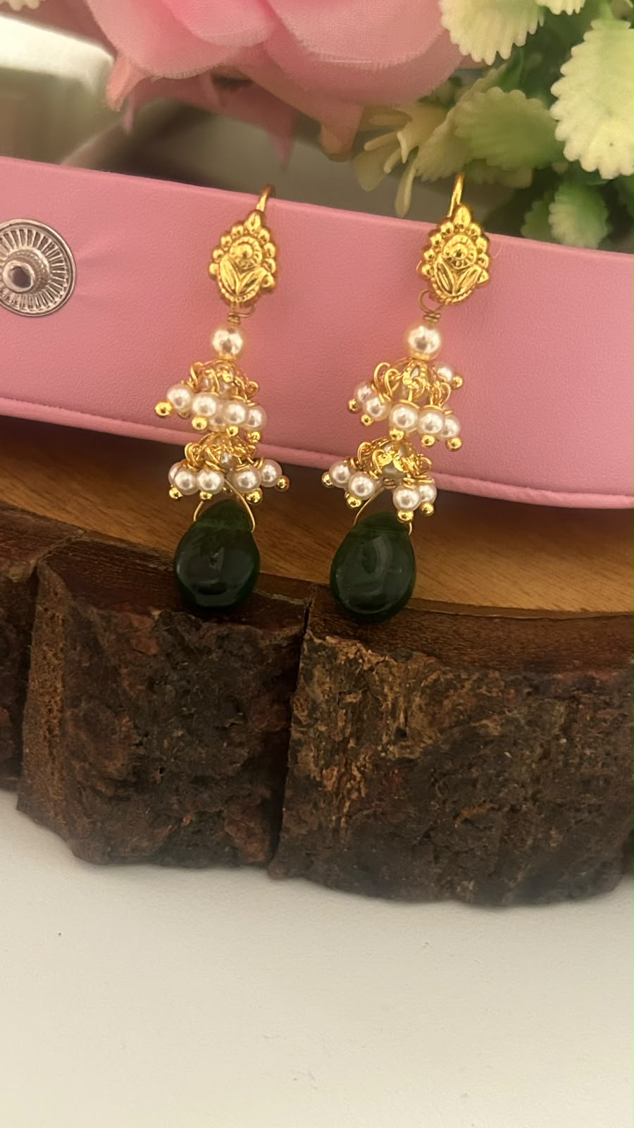 Handmade Green Bead & Pearl Jhumka Dangle Earrings