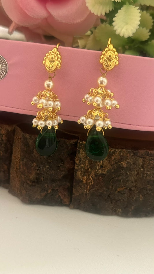 Handmade Green Bead & Pearl Jhumka Dangle Earrings