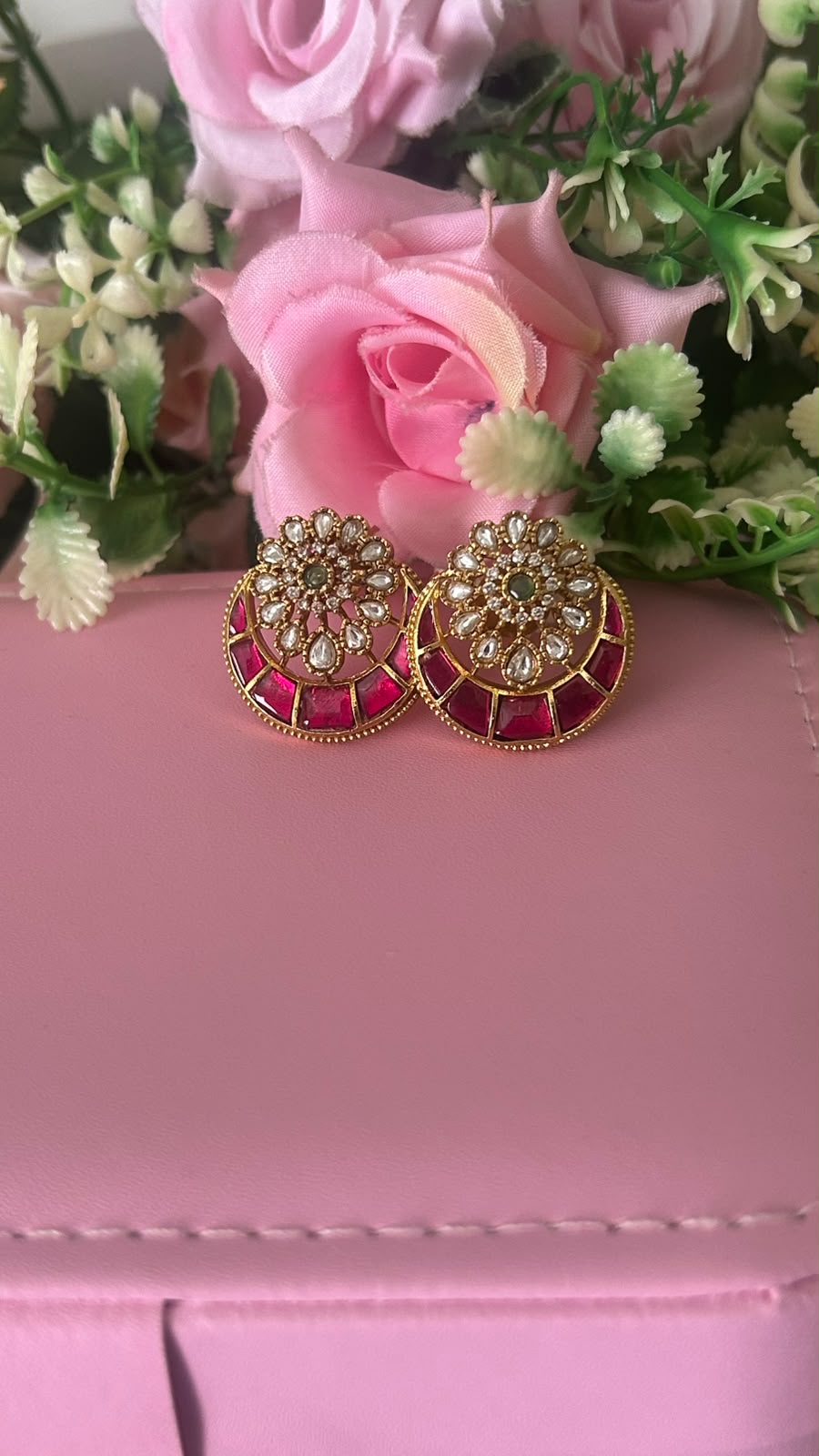 Ruby Pink Circular Kundan Statement Studs