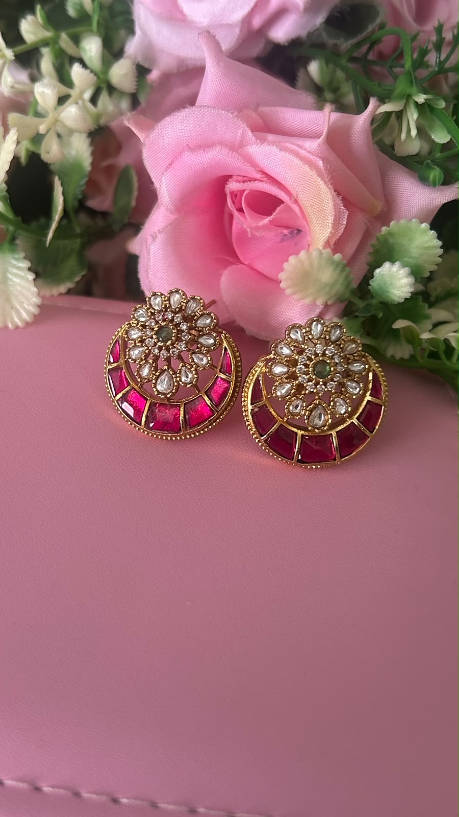 Ruby Pink Circular Kundan Statement Studs