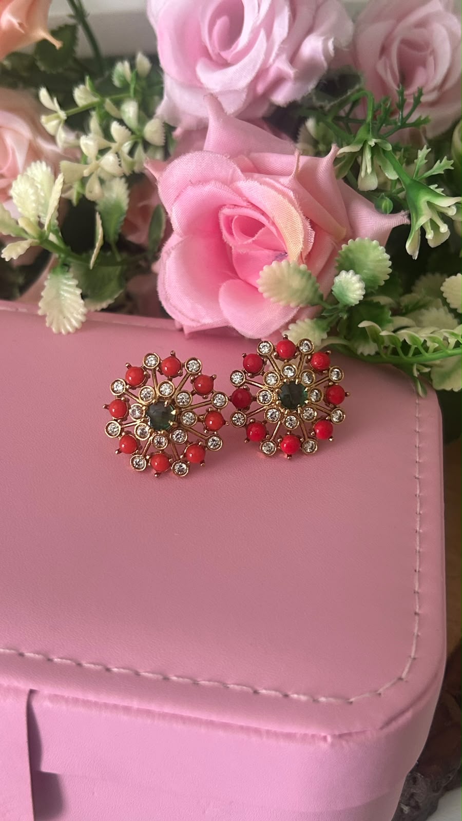 Elegant Red & Green Stone Floral Stud Earrings | Traditional Indian Jewellery