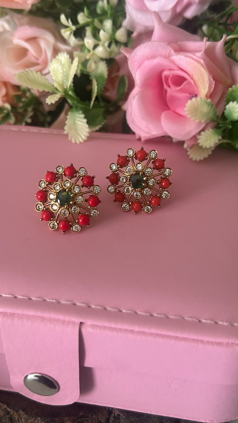 Elegant Red & Green Stone Floral Stud Earrings | Traditional Indian Jewellery
