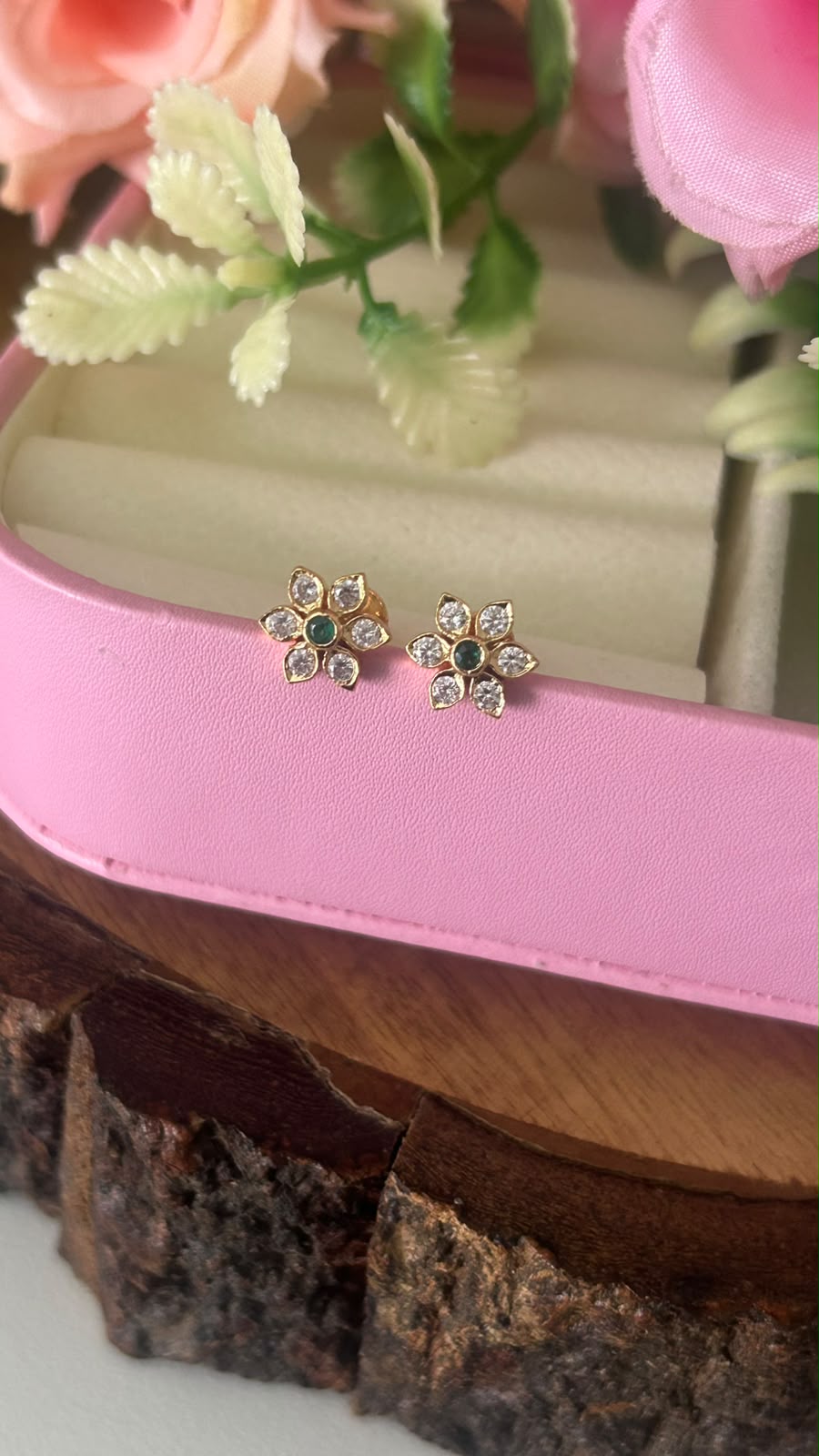 Tiny Floral Panchaloham Ear Studs in full white with middle green  | Gold Finish Everyday Earrings